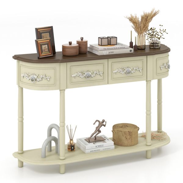 Retro-styled curved console table featuring drawers and sturdy solid wood legs