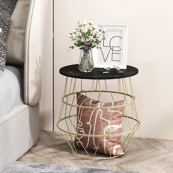 Round metal side table featuring a detachable top