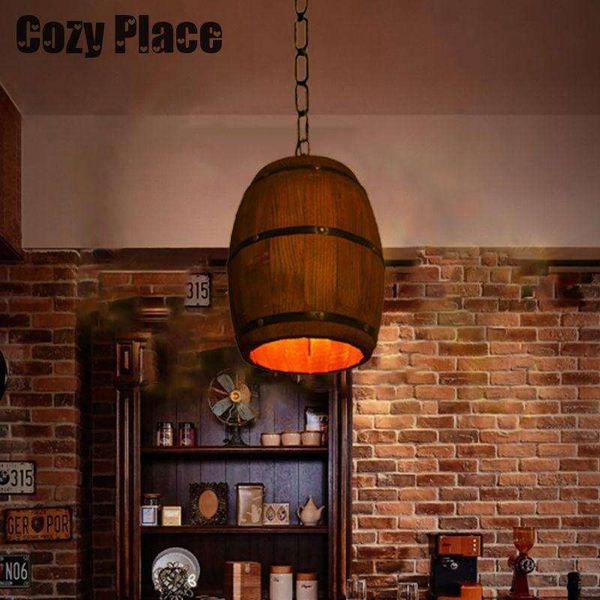 Rustic wooden pendant light made from a wine barrel, perfect for living rooms, bars, or cafes with E26 socket