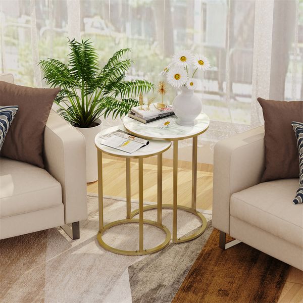 Set of 2 modern nesting round coffee tables with white stone tops and gold metal frames for living room