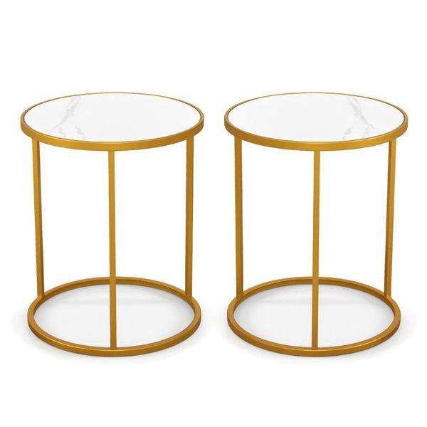 Set of two 16-inch round marble-top side tables with golden metal frames, ideal for living rooms and bedrooms