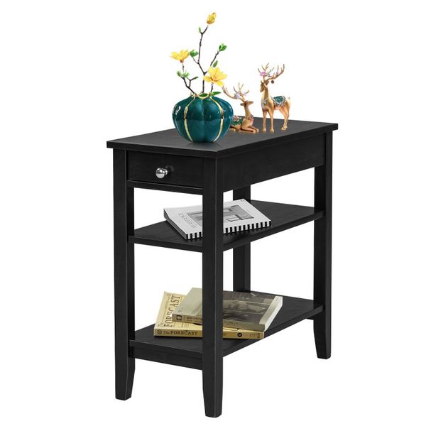 Side table with pull-out drawer and two open shelves for compact storage