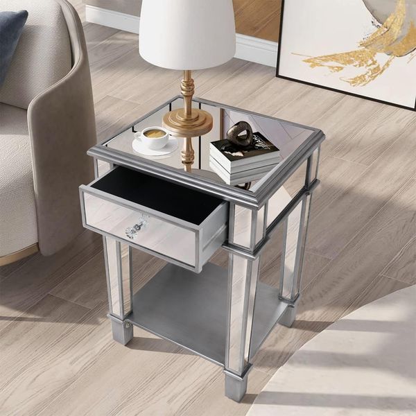 Silver mirrored bedside table with open shelf storage for bedroom or living room