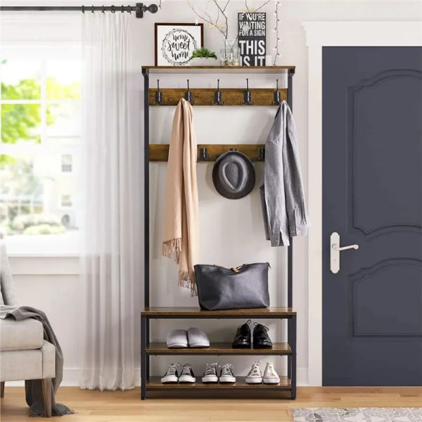 SmileMart 72.5" rustic brown industrial entryway hall tree featuring bench and shoe storage