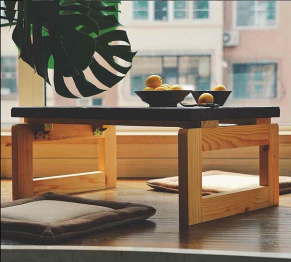 Solid wood compact tea table for tatami living rooms, Japanese-style foldable low table for bay window seating