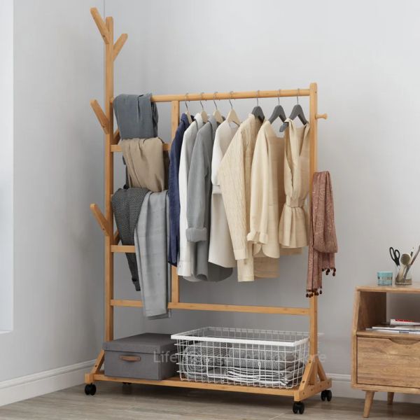 Solid wood floor coat rack with bamboo shelves for bedroom storage