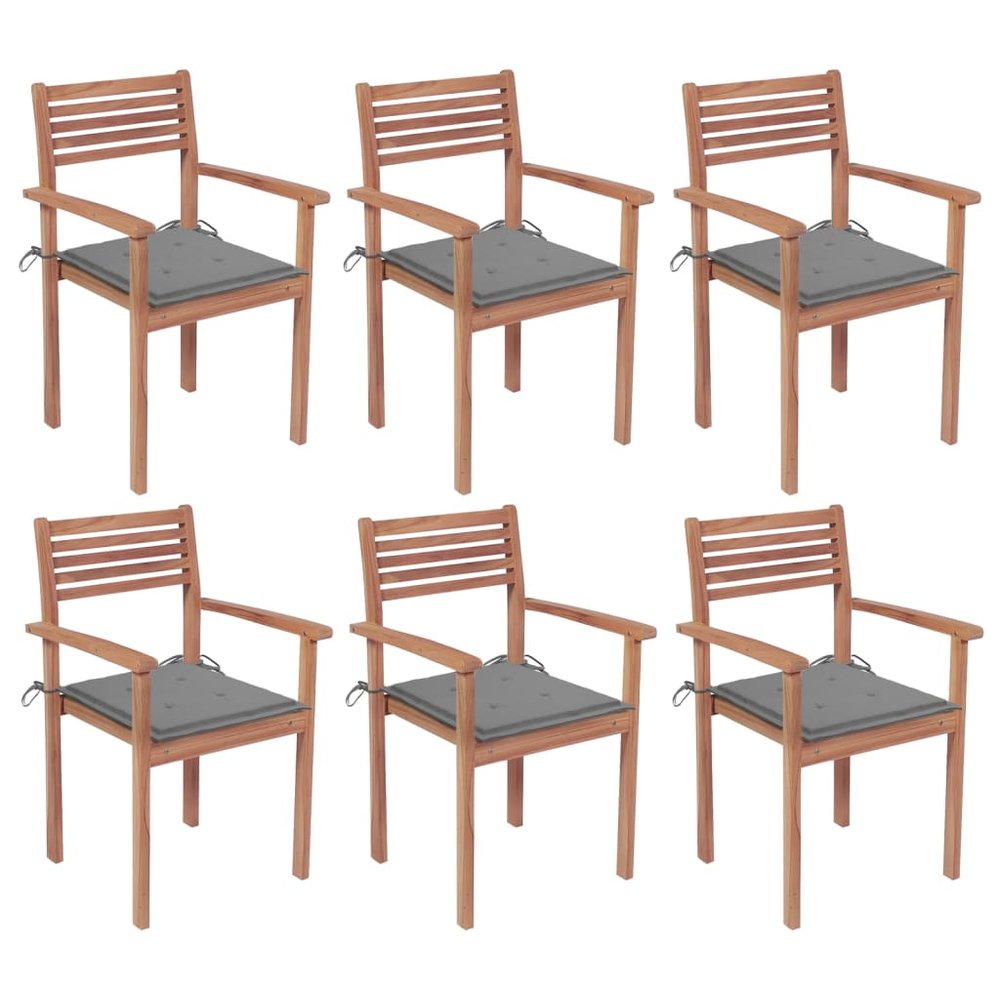 vidaXL Stackable Chair Set of 6 Warm teak with grey cushions