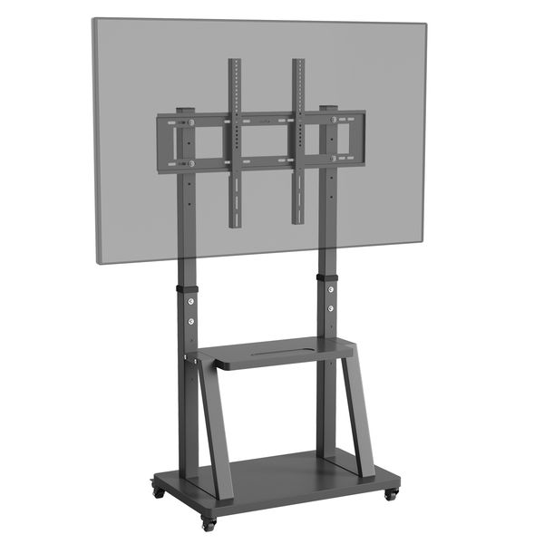 Sturdy height-adjustable TV stand cart for 32-100 inch screens with dual storage shelves supporting up to 8 lbs