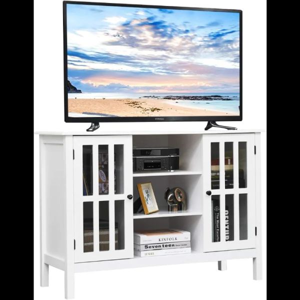 Tangkula White TV Stand, Modern Tall Entertainment Center for 50" TVs, Media Console with 2 Cabinets & 3 Open Shelves
