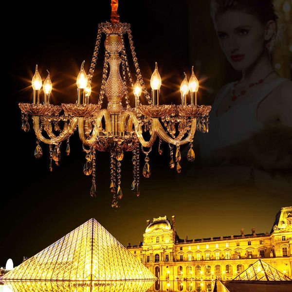 TRY-YEAN 8-Arm Vintage Crystal Chandelier in Cognac with E14 LED Lights for Bedroom and Living Room