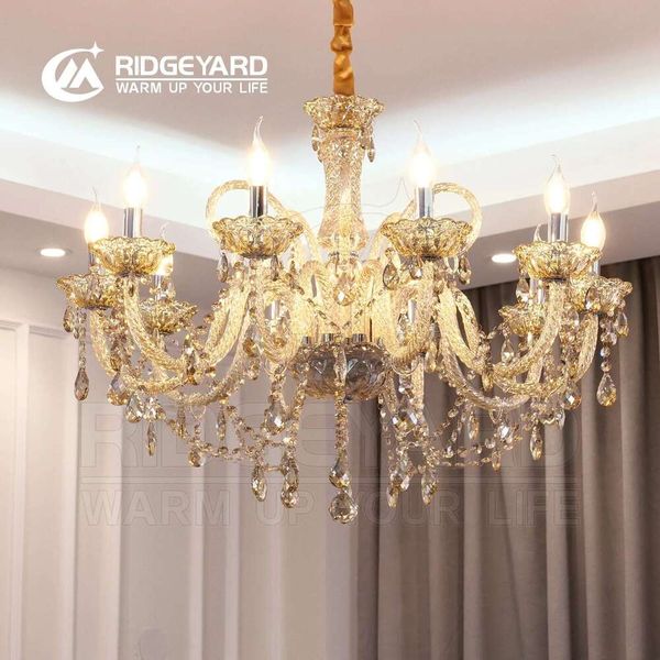 TRY-YEAN Vintage Crystal 10 Arm Cognac Chandelier with K9 Crystal Drops for Living Spaces E14 Lighting