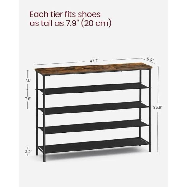 VASAGLE 5-tier shoe rack with 4 fabric shelves, holds 20-24 pairs, perfect for entryway organization