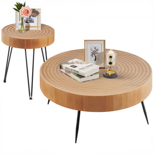 VEVOR 2-piece round coffee table set with 31.3-inch industrial side table, easy-assembly living room furniture in metal finish