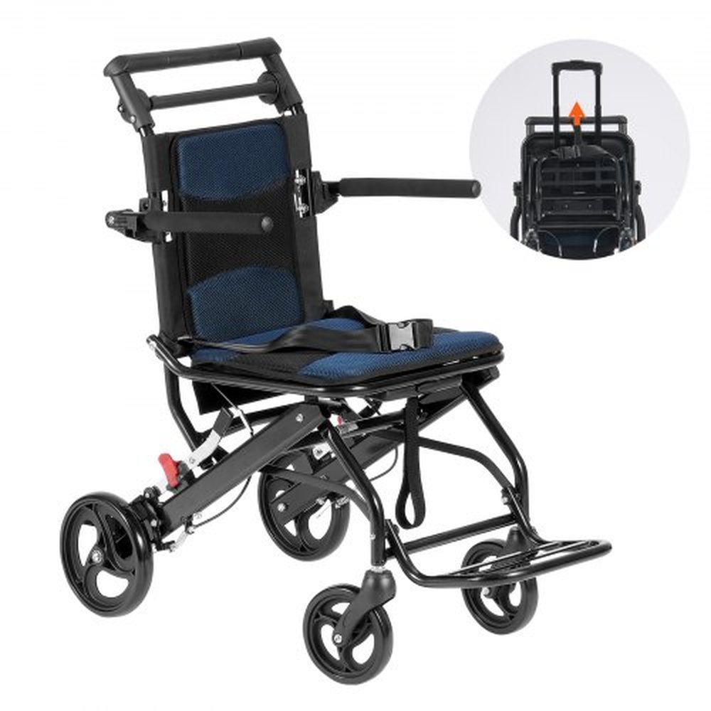 VEVOR Wheelchair, Aluminum Alloy Ultra-Lightweight Transport Chair for Adults, Foldable Cabin Wheelchair with Flip-Back Desk-Length Arms, Self-locking