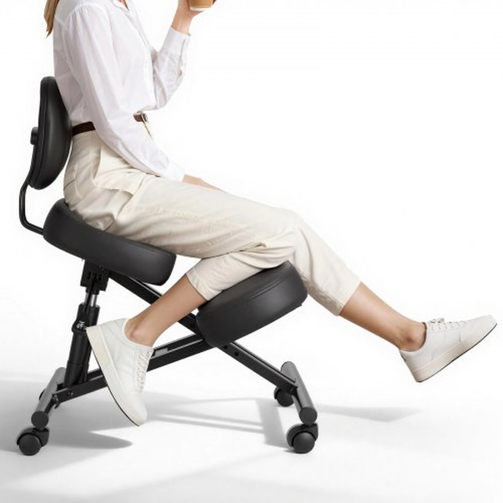 VEVOR Ergonomic Kneeling Chair with Backrest & Wheels, Mobile X-Shaped Posture Knee Chair with Adjustable Height & Thick Foam Cushions, Relief for Nec