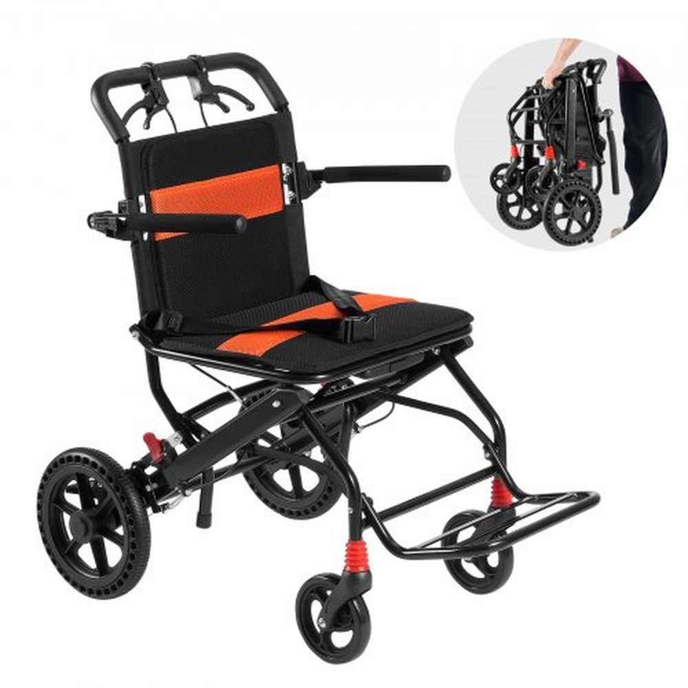 VEVOR Wheelchair, Aluminum Alloy Ultra-Lightweight Transport Chair for Adults, Foldable Wheelchair with Flip-Back Desk-Length Arms, Self-locking Brake