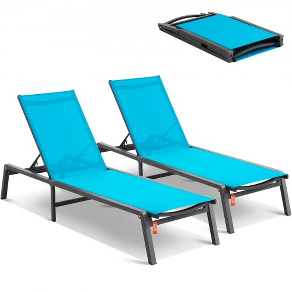 VEVOR Chaise Lounge Chairs Outdoor, Aluminum Patio Lounge Chairs with Adjustable 5-Position, Folding Pool Lounge Chairs Recliner and Full Flat Tanning