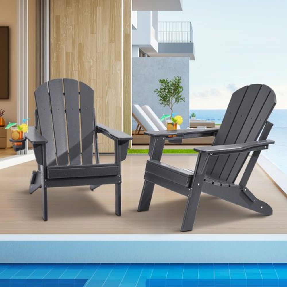 VEVOR Adirondack Chair Plastic, Set of 2 All-Weather Portable Folding Fire Pit Chair, Outdoor Adirondack Patio Chair with Cup Holder, with Relaxing Ar