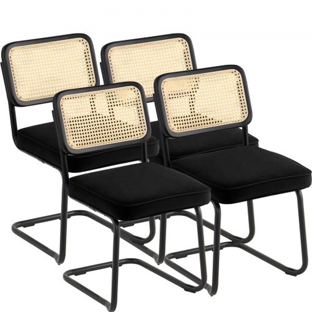 VEVOR Rattan Chairs, Set of 4, Mid Century Modern Dining Chair, Upholstered Velvet Accent Chair with Rattan Back, Retro Dining Room Kitchen Chair for