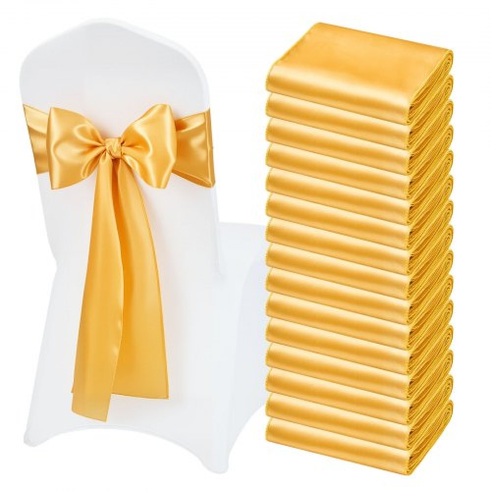VEVOR Satin Chair Sashes Bows, 50PCS Chair Ribbon Ties Back Sash, 7 x 108 inch, Gold Wedding Reception Decoration, for Wedding Ceremony Baby Shower Pa