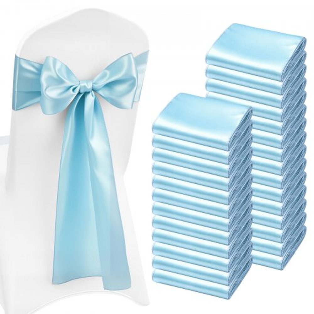 VEVOR Satin Chair Sashes Bows, 100PCS Chair Ribbon Ties Back Sash, 7 x 108 inch, Light Blue Wedding Reception Decoration, for Wedding Ceremony Baby Sh