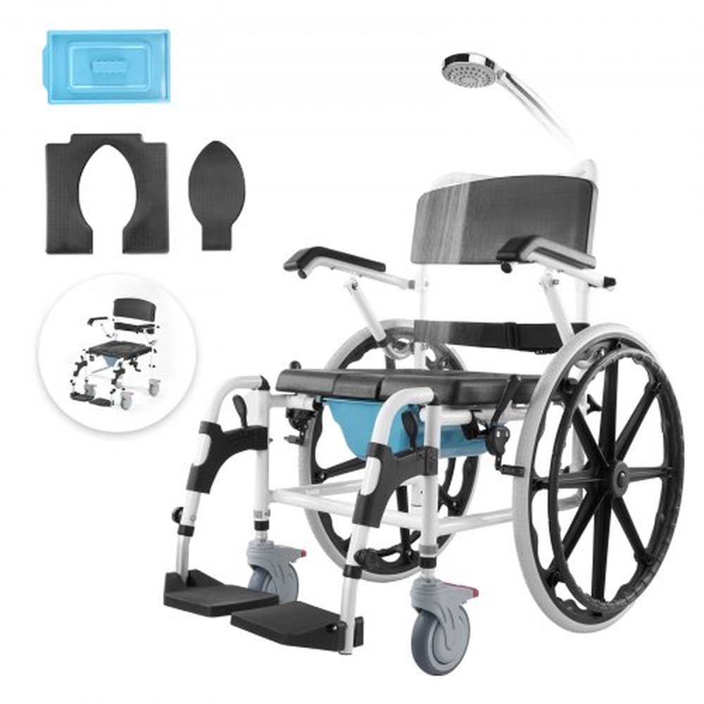 VEVOR Shower Wheelchair, 17.5in Width Aluminum Alloy Bathroom Wheelchair for Inside Shower, Adjustable Rolling Shower Chair w/ Brake for Disabled Adul