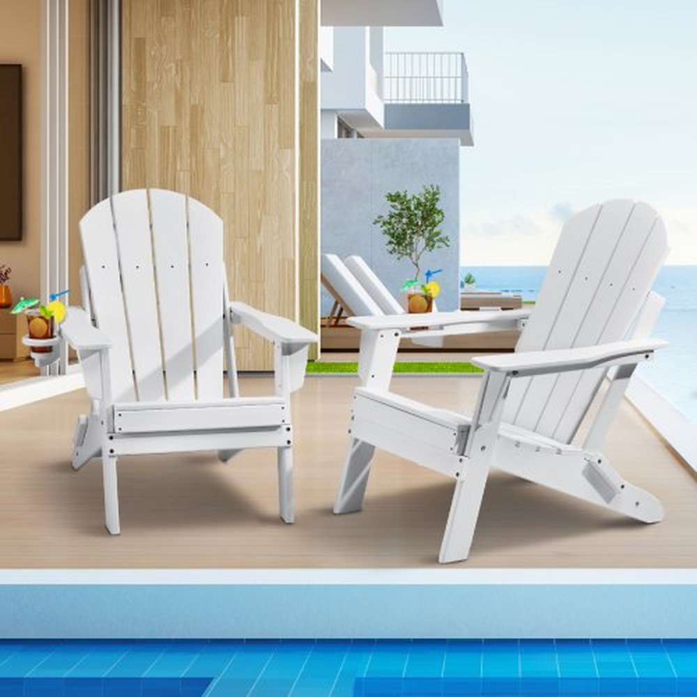VEVOR Adirondack Chair Plastic, Set of 2 All-Weather Portable Folding Fire Pit Chair, Outdoor Adirondack Patio Chair with Cup Holder, with Relaxing Ar