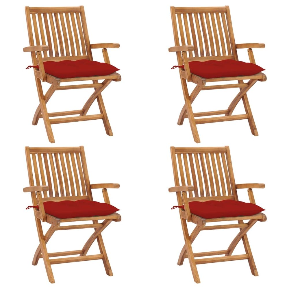 vidaXL Patio Chair Set of 4 Natural Teak, Red (cushion)