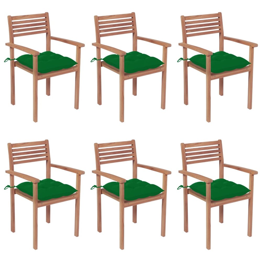 vidaXL Patio Chair Set of 6 Teak wood with green cushions