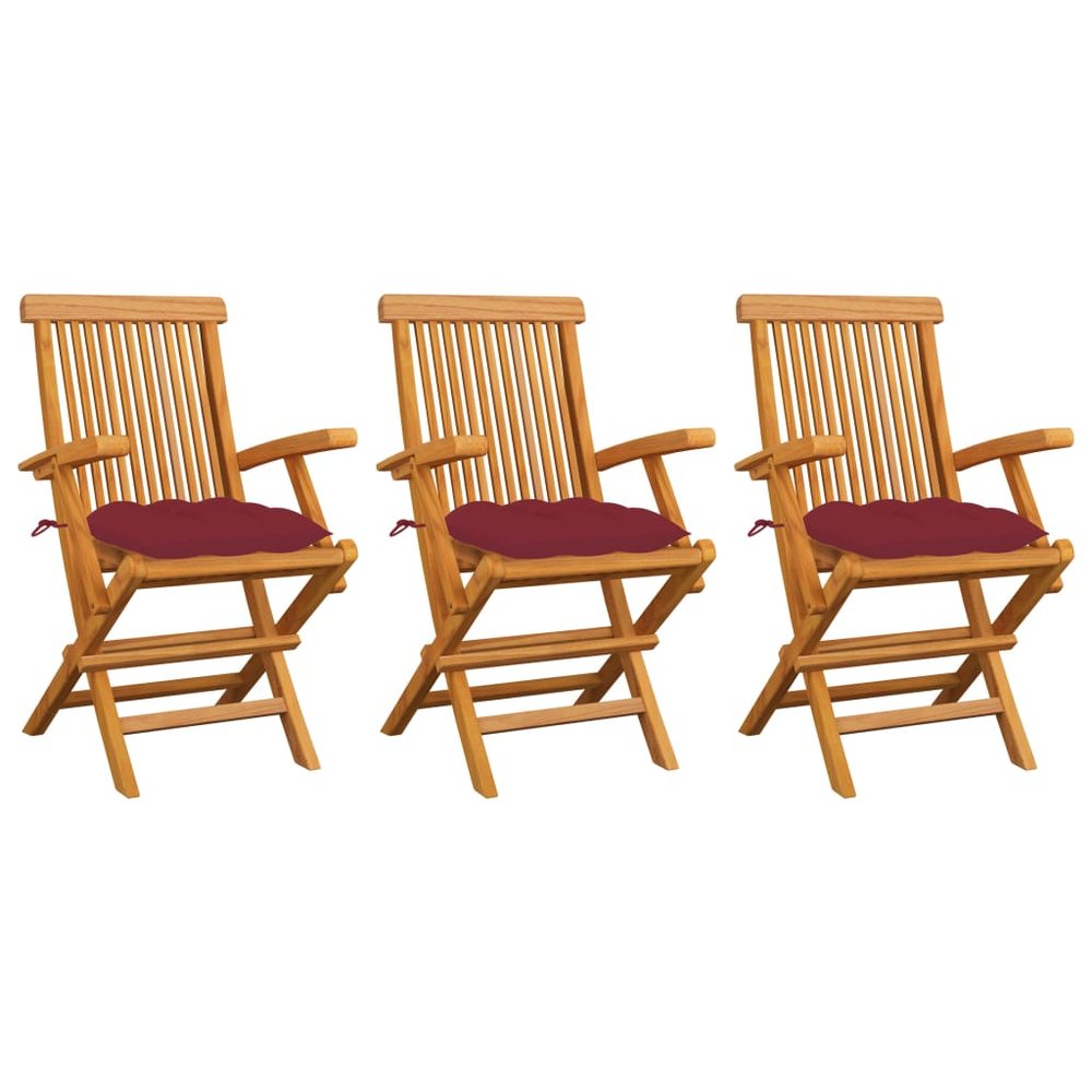 vidaXL Patio Chair Set of 3 Wine Red Teak Wood, Polyester Standard