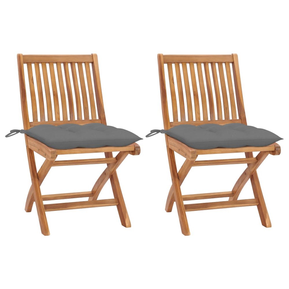 vidaXL Garden Chair Set of 2 Teak wood, Grey cushions