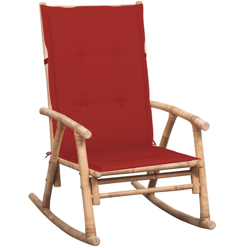 vidaXL Rocking Chair Natural Bamboo, Red Cushion Bamboo, Polyester Cushion
