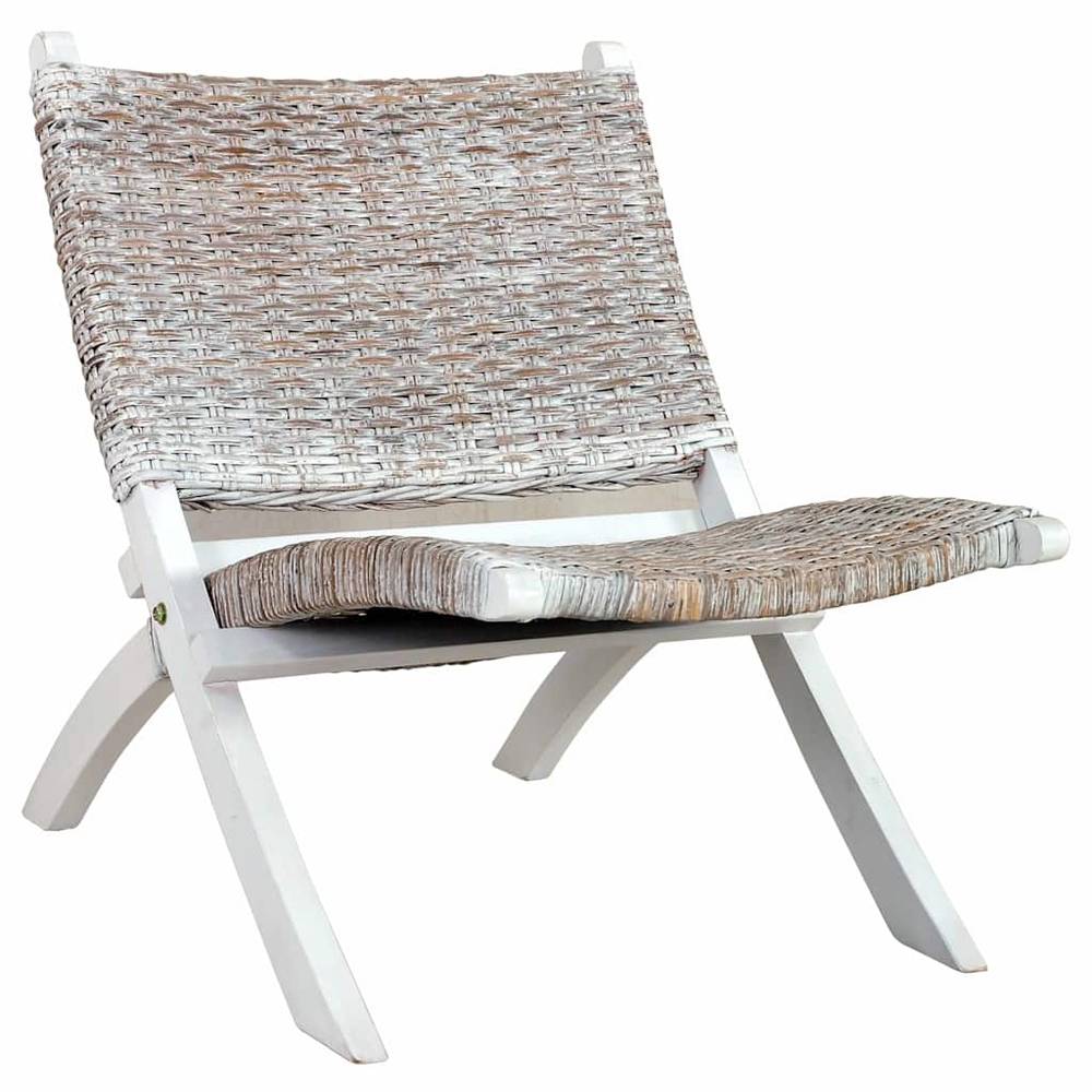 vidaXL Relaxing Chair White, Natural Kubu Rattan, Solid Mahogany Wood