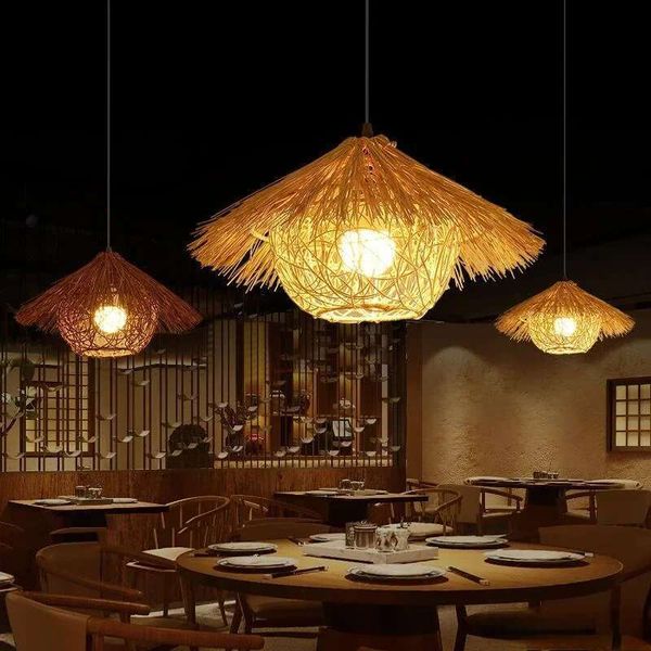 Vintage handcrafted woven rattan lampshade with bamboo pendant for restaurant, kitchen, or dining table hanging light decoration