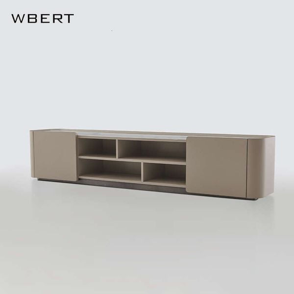 Wbert Italian Solid Wood TV Cabinet with Marble Top and Saddle Leather for a Modern High-End Living Room