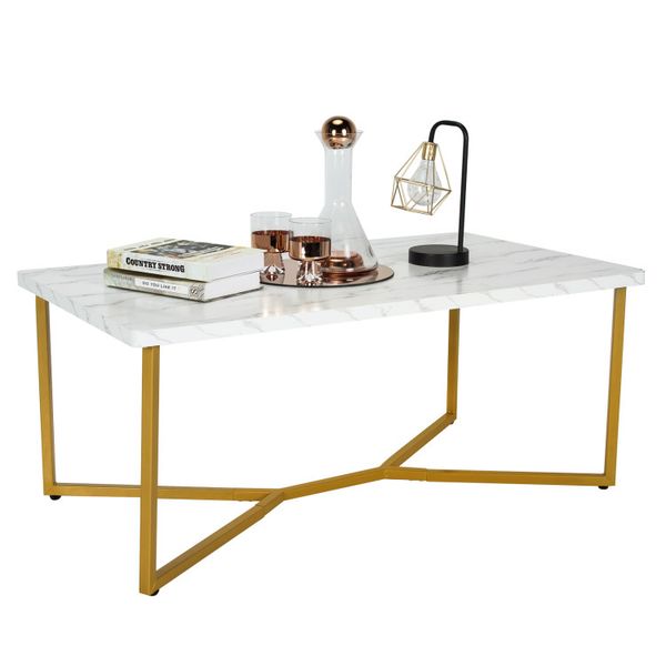 White faux marble coffee table featuring a gold-finished metal frame