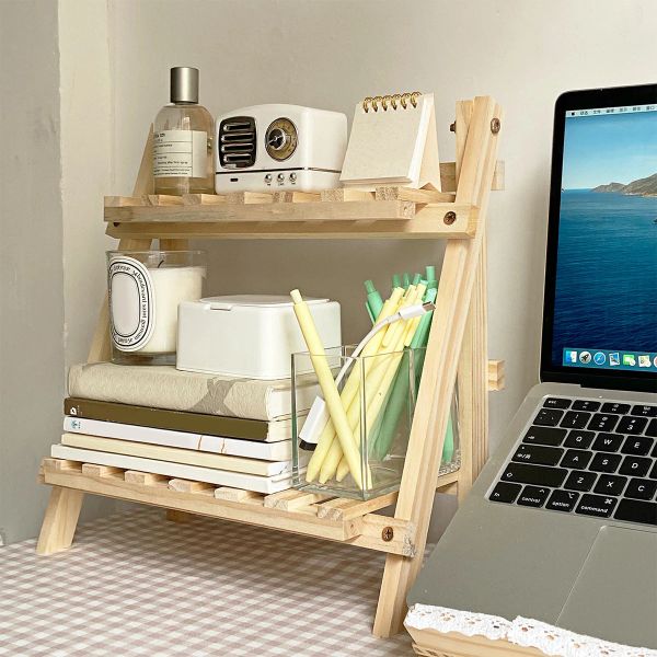 Wooden 2-tier desktop organizer with foldable design for bedroom or dorm room storage